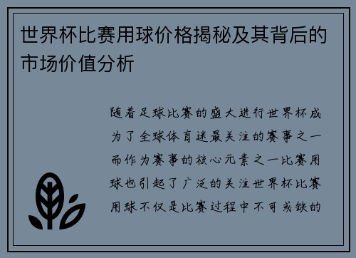 世界杯比赛用球价格揭秘及其背后的市场价值分析