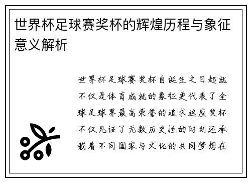 世界杯足球赛奖杯的辉煌历程与象征意义解析
